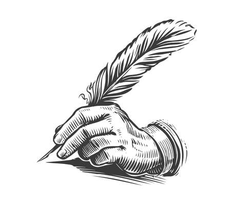Hand writing with a feather. Illustration drawn in vintage engraving styleのイラスト素材
