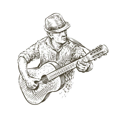 Man in hat playing guitar. Country music sketch in vintage styleのイラスト素材