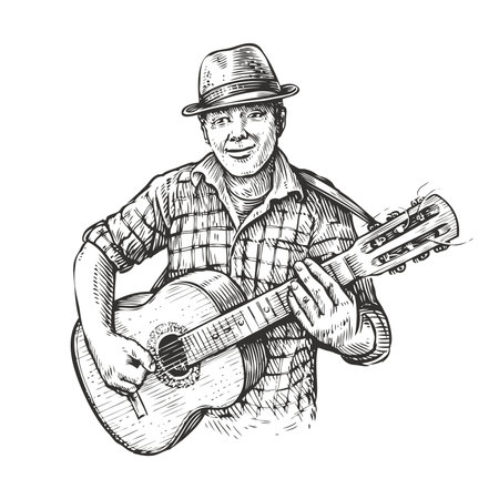 Man playing guitar. Country music in sketch vintage styleのイラスト素材