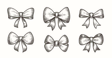 Retro bows and ribbons. Set of decorations for decorating a gift or holiday. Sketch vintage vector...