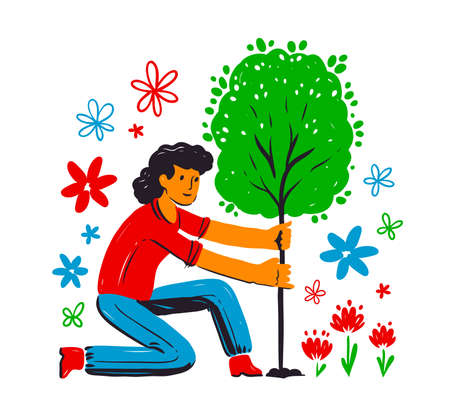 Human planting tree. Environment care, ecological issues, saving nature and day of Earth concept. Cartoon flat vector illustrationのイラスト素材