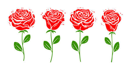 Red Rose with leaves symbol. Set of decorative flower iconのイラスト素材