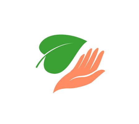 Hand with green leaf logo. Natural, organic product icon or symbol. Vector illustrationのイラスト素材