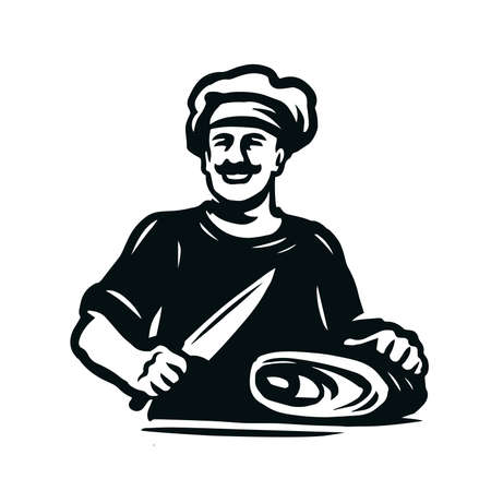 Butcher with knife and meat cuts. Food concept vector illustrationのイラスト素材