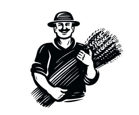 Farmer harvesting wheat. Agriculture, farm emblem. Bakery logo vector illustrationのイラスト素材