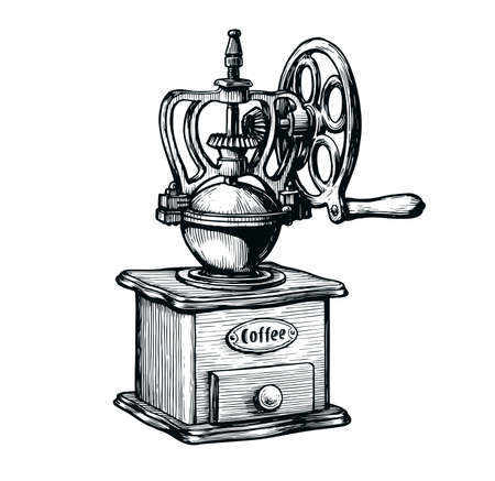 Vintage coffee grinder with wooden handle on white background. Hand drawn sketch vector illustrationのイラスト素材