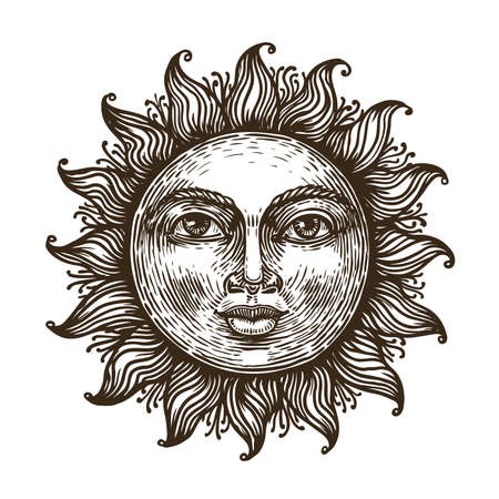 Hand drawn sun with face stylized as engraving. Astrology symbol. Print for, cards, decor elementのイラスト素材