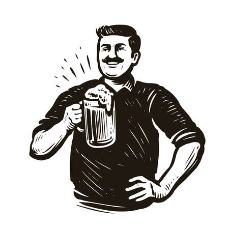 Hand drawn man with glass of beer. Octoberfest, pub concept vintage vector illustrationのイラスト素材