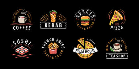 Food and drink set of labels on black background. Decorations for restaurant or cafe menuのイラスト素材