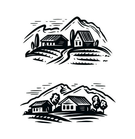 Rural farm landscape, mountains. Hand drawn vector illustration. Farming and agriculture emblemのイラスト素材