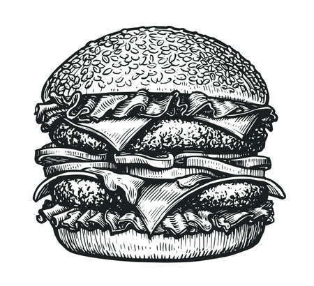 Burger sketch. Sandwich in vintage hand drawn engraving style. Street fast food vector illustrationのイラスト素材