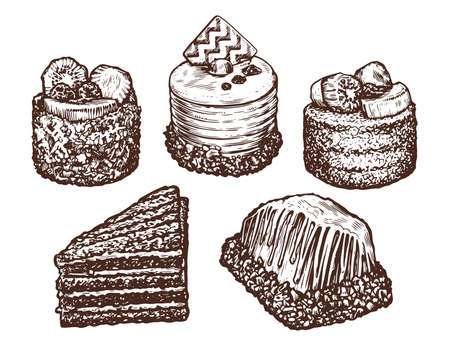 Sweet bakery, dessert sketch set. Food, cake with fruit, piece of pie