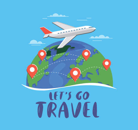Airplane trip in various country. Travel location on global map. Flat style vector illustrationのイラスト素材
