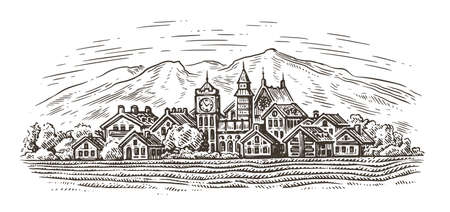 Old town against backdrop of mountain landscape. Engraved illustration of a hand drawn sketch in vintage retro styleのイラスト素材