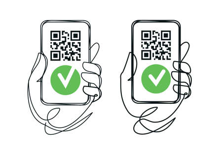 Vaccinated holding a phone with QR code vaccine. Immunization certificate vector illustrationのイラスト素材
