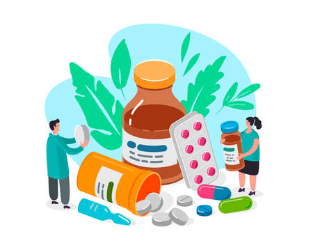 Medical prescription, pills and drops. Doctors and medicines for treatment of diseases. Flat vector illustrationのイラスト素材