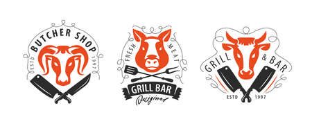 Farm animal meat, emblems set. Beef, pork, lamb labels for design of menu restaurant, butcher shopのイラスト素材