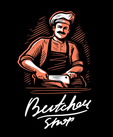 Butchery emblem for butcher shop. Chef cuts off piece of meat with knife on black backgroundのイラスト素材