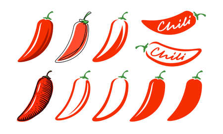 Red chili pepper symbol set. Hot flavor symbol. Vector illustrationのイラスト素材