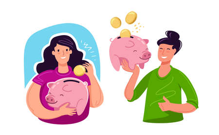 Money saving concept. Coins and piggy bank cartoon vector illustrationのイラスト素材