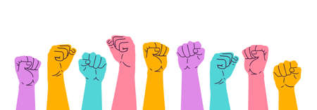 Hands with fists raised up. Mass gathering of people defending their rights. Vector illustration