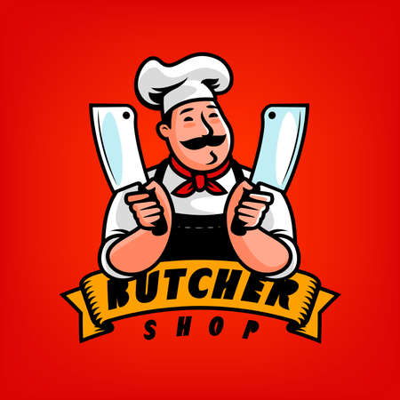 Butcher shop logo emblem for design. Funny Chef with cleaver cartoon character vector illustrationのイラスト素材