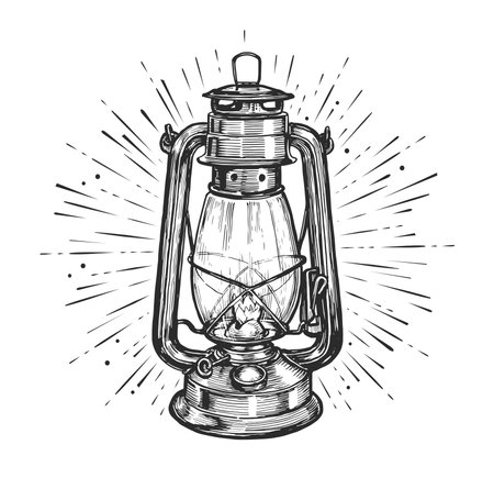 Vintage glowing lantern hand drawing engraving style. Kerosene lamp sketch vector illustrationのイラスト素材