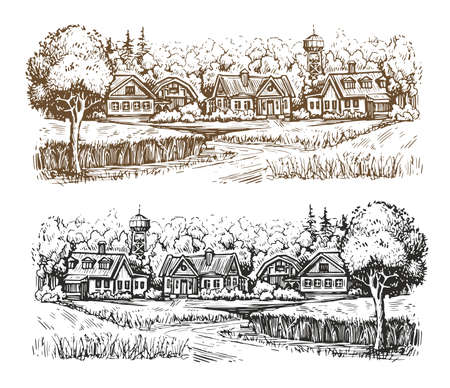 Village landscape rural road drawing. Sketch illustration vectorのイラスト素材