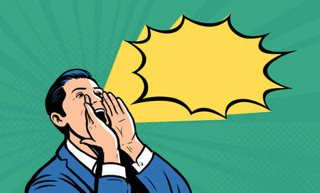 Man in suit or businessman screams with his palms at his mouth. Pop art retro vector illustration