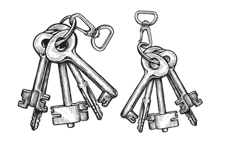 Bunch of keys in sketch style. Vintage vector illustrationのイラスト素材