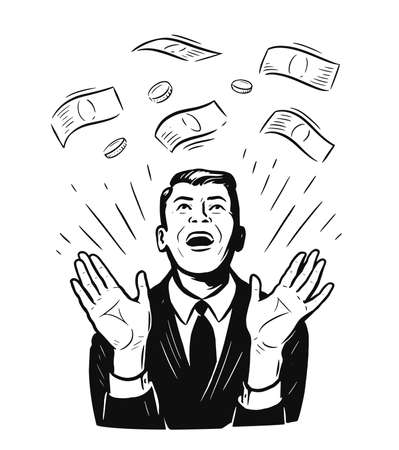 Successful businessman enjoy rain money. Concept of success, achievement, wealthのイラスト素材