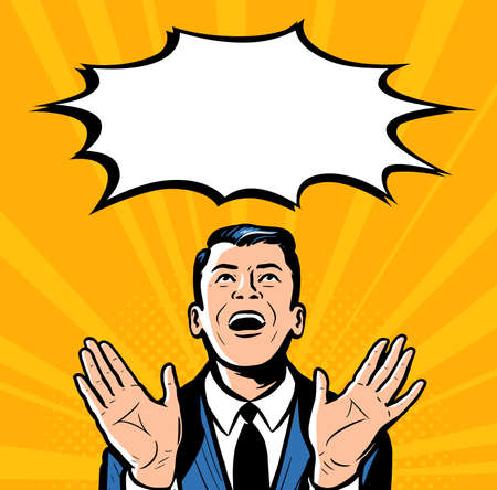 Surprised man with open mouth and speech bubble. Business concept. Vector colorful illustration in...
