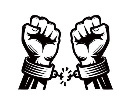 Hands tearing shackles. Two hands clenched into fist breaking chains. Symbol freedom. Human hands and broken chain. Liberation conceptのイラスト素材