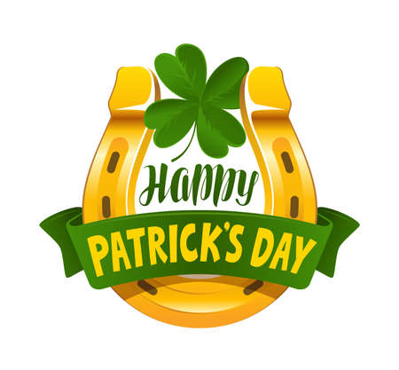 Happy Patricks Day. Golden horseshoe with four leaf clover vector illustrationのイラスト素材