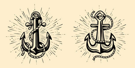 Nautical ship anchor with rope in vintage engraving style. Sketch vector illustrationのイラスト素材