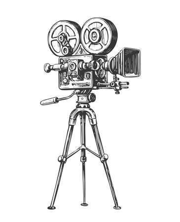 Retro film camera with film on tripods. Hand drawn video camera. Vintage vector illustrationのイラスト素材