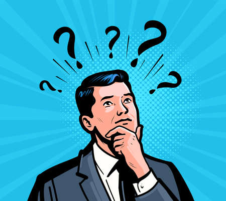Businessman with question marks. Man thinks how to solve problems. Business concept. Vector illustrationのイラスト素材
