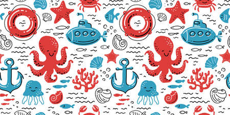 Marine seamless pattern. Nautical background. Cute cartoon vector illustration