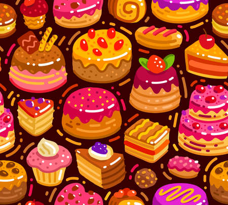 Sweet dessert seamless background. Confectionery, bakery concept bright pattern. Food cartoon vector...