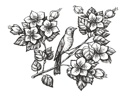 Bird on branch sketch. Nightingale and flowers hand drawn in vintage engraving style. Vector illustrationのイラスト素材