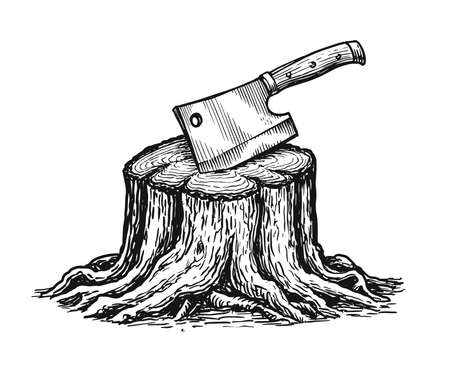 Butcher knife in tree stump. Kitchen cleaver sketch in vintage engraving style for butcher shop menu, bbq restaurantのイラスト素材