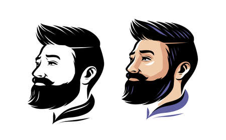 Hairstyle barber shop logo. Stylish man with beard emblem. Vector illustrationのイラスト素材