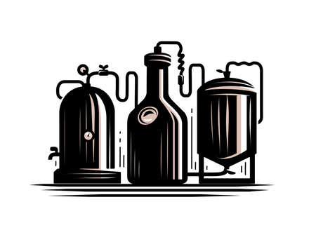 Industrial equipment from copper tanks for distillation of alcohol. Distillery, brewery symbol. Vector illustrationのイラスト素材
