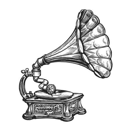 Old retro gramophone with vinyl record. Phonograph, vintage music player. Musical instrument drawn in engraving styleのイラスト素材
