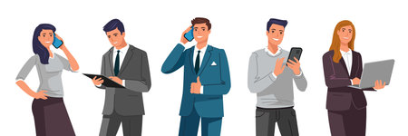 Business people with gadgets concept. Men and women holding smartphone, tablet and laptop for technology or internet communicationのイラスト素材