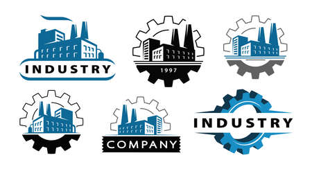 Factory with pipe and gear . Energy industrial concept. Industry symbol set vectorのイラスト素材