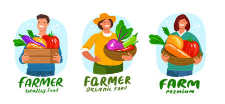Agriculture and farming emblem. Vector illustration of farm worker with vegetables. Drawing for label, cover or posterのイラスト素材