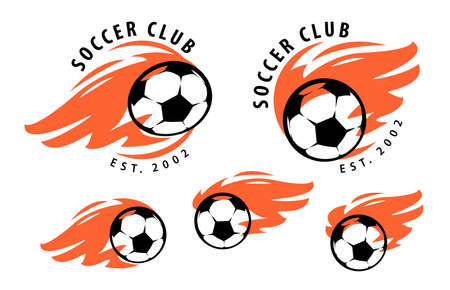 Soccer ball on fire emblem. Football and soccer symbol or sports mascot. Game competition badge vector illustrationのイラスト素材
