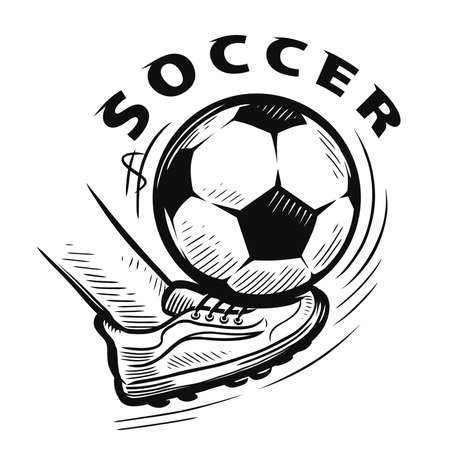 Foot cleat with spikes kicking a soccer ball. Football and soccer sports mascot. Vector sketch illustrationのイラスト素材
