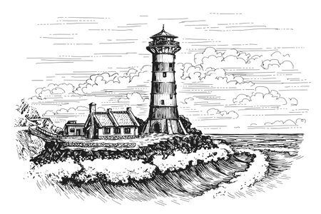 Lighthouse on seashore sketch. Seascape, light house, signal building on seaside. Vintage vector illustrationのイラスト素材